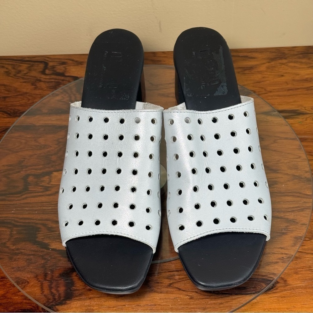 Munro Jules Perforated Heeled Mules White Silver Wash Nubuck